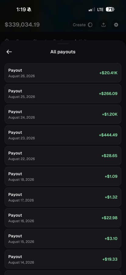 A smartphone screenshot from the Pumpfun app showing an "All payouts" history with daily earnings ranging from $1.09 to $20.41K across late August 2026, highlighting a recent single-day payout of $20,410 to support the boast of earning "in 1 day." The total balance shown at the top is $339,034.19.