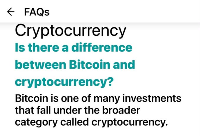 An FAQ section explaining Cryptocurrency, with the question 'Is there a difference between Bitcoin and cryptocurrency?' answered by stating Bitcoin falls under the broader cryptocurrency category.