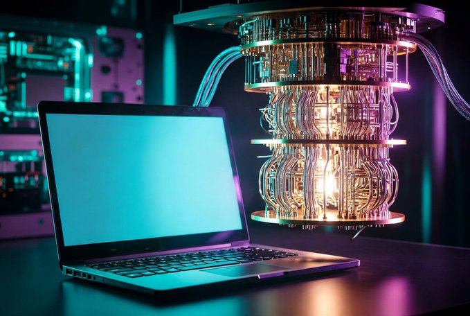 A glowing quantum computer with intricate circuitry sits next to an open laptop with a blank teal screen, set against a cyberpunk-lit data center backdrop—visually representing the fusion of quantum and classical computing that Quip Network's Worldwide Quantum Computer aims to deliver through hybrid annealing and post-quantum security.