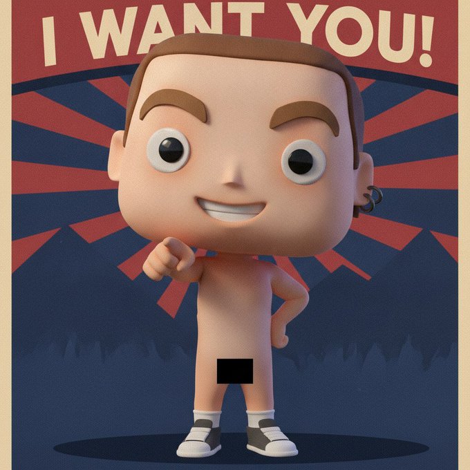 3D cartoon character pointing at viewer with 'I WANT YOU!' text at top against red and blue sunburst background.