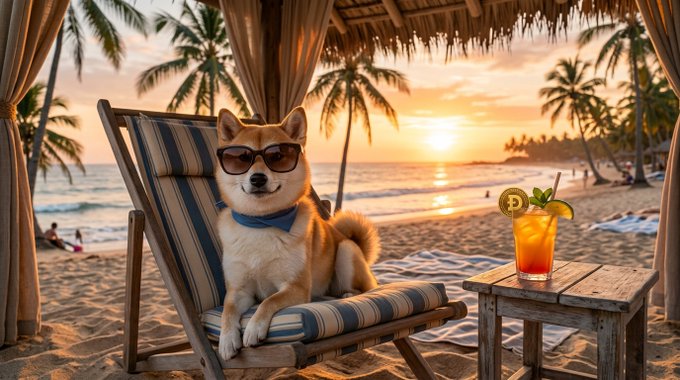 A Shiba Inu dog wearing sunglasses and a blue bow tie relaxes on a striped beach chair under a thatched cabana at sunset, with a tropical drink beside it.