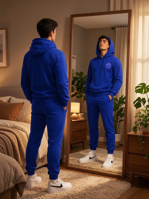 A young man in a blue tracksuit stands in front of a full-length mirror in a bedroom, checking his reflection before starting the day. The image complements the motivational post about getting to work, with the hoodie displaying an "S" logo that ties to the $stkr ticker mentioned in the caption.