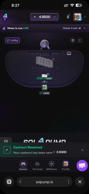 A screenshot of solpump.io's mines game shows a 2x win with a 2.0000 payout and a $2.00 cashout notification at the bottom, illustrating a small but profitable start to the day that aligns with the "gm starting the day with +1 sol" caption.