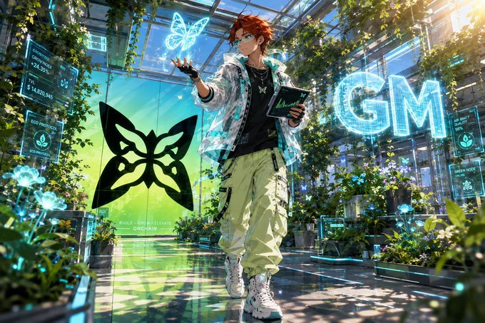 An anime-style character with red hair stands in a lush, futuristic greenhouse environment, holding a glowing butterfly hologram with a large 'GM' sign and holographic data displays visible in the background.