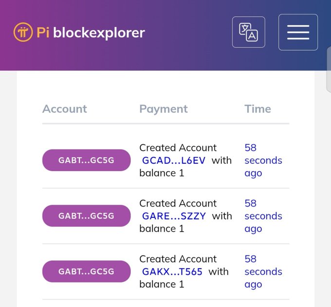 The image shows a Pi blockchain explorer displaying three recent transactions where the account GABT...GC5G created new accounts (GCAD...L6EV, GARE...SZZY, and GAKX...T565) with a balance of 1, all occurring 58 seconds ago. This visually supports the ongoing mainnet migration of $PI tokens, showing the active creation of new blockchain accounts as part of the migration process that has seen 11B $PI migrated with ~$4.8B unlocked.