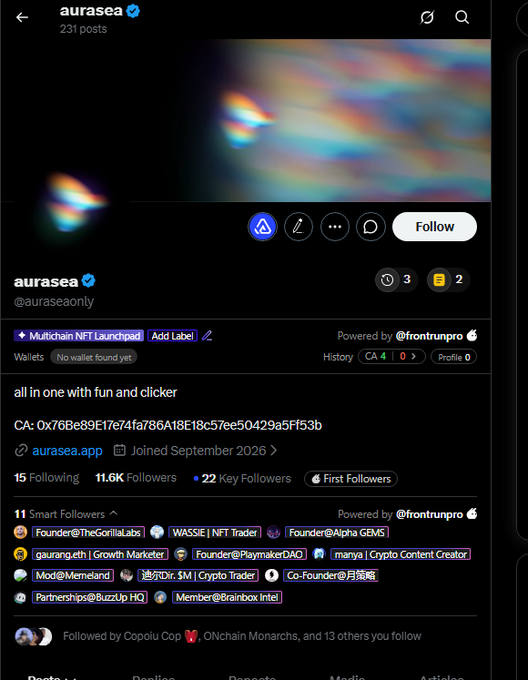 An Instagram profile page for @aurasea (auraseaonly) with a verified checkmark, showing 231 posts, a multichain NFT launchpad tag, 11.6K followers, and a contract address (CA: 0x76Be89E17e74fa786A18E18c57ee50429a5f153b).
