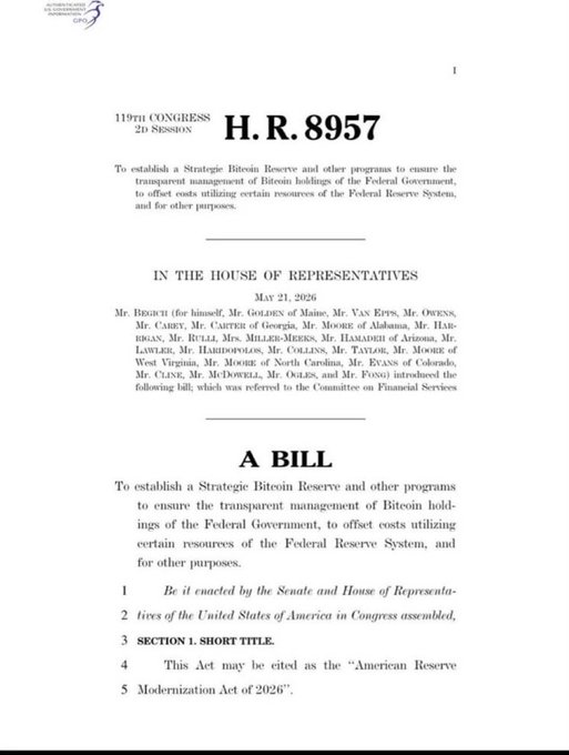 The first page of H.R. 8957, a bill introduced in the 119th Congress to establish a Strategic Bitcoin Reserve, with a short title of 'American Reserve Modernization Act of 2025'.