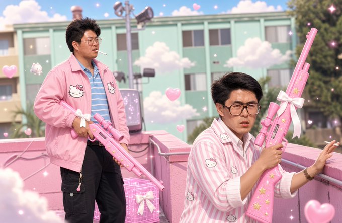 Two men in pink, pastel-striped clothing hold pink toy guns in a whimsical outdoor set decorated with clouds, hearts, sparkles, and Hello Kitty-style graphics.