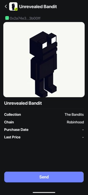 The image shows an NFT titled "Unrevealed Bandit" from "The Bandits" collection on the Robinhood chain, featuring a dark blocky character avatar. This relates to the post as it displays the newly minted NFT the user acquired through a first-come-first-serve (FCFS) spot.