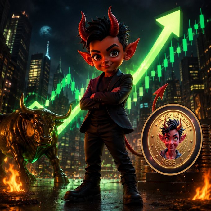 A 3D-rendered illustration of a young boy with red horns and a tail, dressed in a black suit, standing before a green stock chart rising arrow, a bull statue, and a gold coin featuring his face with '666' on it.