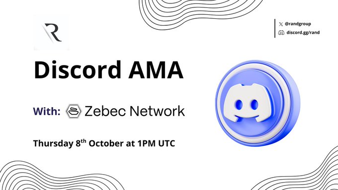 Promotional banner announcing a Discord AMA with Zebec Network on Thursday, October 8th at 1PM UTC, featuring the blue Discord logo and the host's "R" branding alongside social handles (@randgroup) and a Discord invite link (discord.gg/rand).