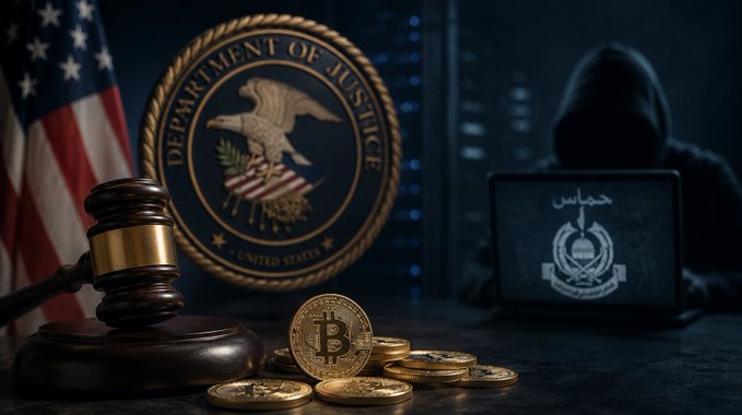 A composite image showing a gavel, gold Bitcoin coins, a Department of Justice seal, and a hooded figure at a laptop displaying an emblem with Arabic text.