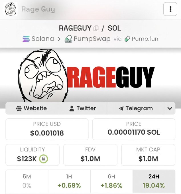 Screenshot of the RAGEGUY/SOL token page on Solana via PumpSwap and Pump.fun, showing a price of $0.001018 (0.00001170 SOL), $123K liquidity, $1.0M FDV and market cap, and 24H gains of +19.04% — supporting the post's claim that RAGEGUY is rallying after being verified on Pump.fun and Moonshot.