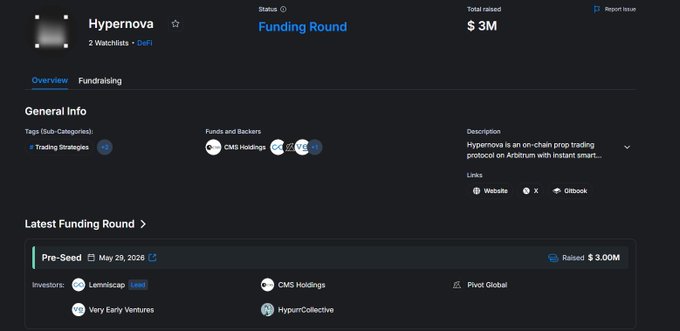 The image shows a webpage featuring a black background with white text that provides information about Hypernova X Fundraising Round. The text displays details about the fund, including its name, target audience, funding goal, and description of recent fundraising activities. Additionally, there is a table showing the progress in the fund's fundraising efforts, such as how much money has been raised and where it has been donated. The webpage also includes an invite to invest or join the fund on Arbitrum with immediate smart contract payouts, offering financial support for an innovative trading protocol called Hypernova X.