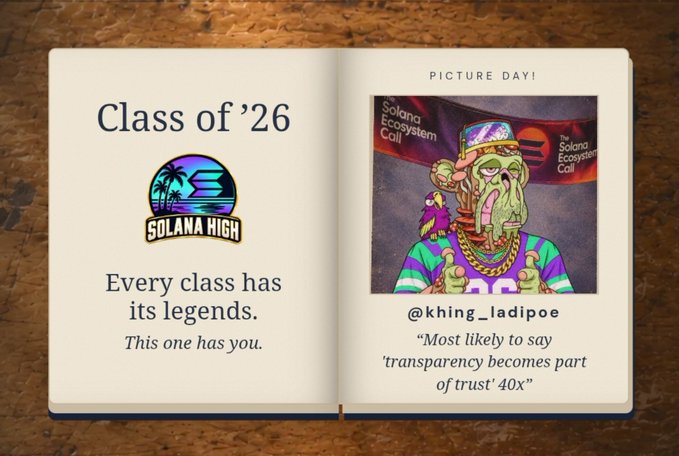 An open yearbook showing 'Class of '26' with a 'Solana High' patch, alongside a 'PICTURE DAY!' entry for @khing_ladipoe featuring an illustration of a man and the caption 'Most likely to say transparency becomes part of trust 40x.'