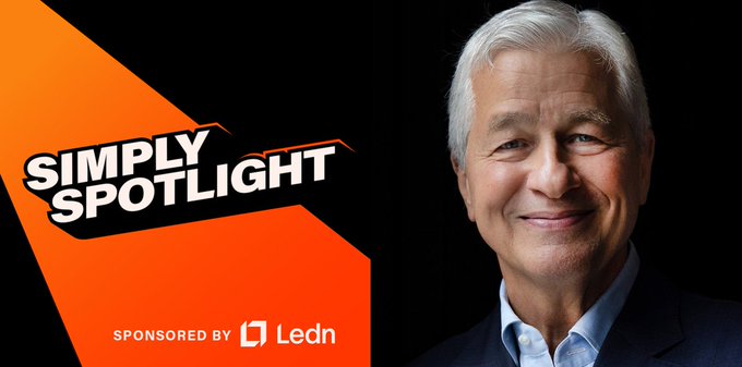 The image shows a "Simply Spotlight" sponsored by Ledn thumbnail featuring a smiling older man with white hair, representing Jamie Dimon, whose quote "I'd fire" any employee for trading Bitcoin contrasts with JPMorgan's $355.7M increased stake in BlackRock's IBIT Bitcoin ETF during Q2.