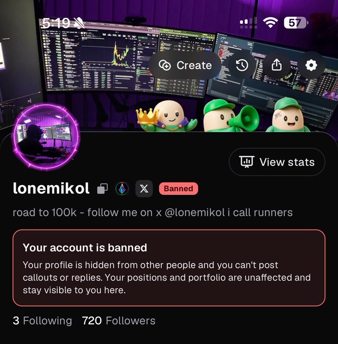 A trading app profile for 'lonemikol' showing a 'Banned' status message, stating 'Your account is banned' and that the profile is hidden, though positions remain visible.