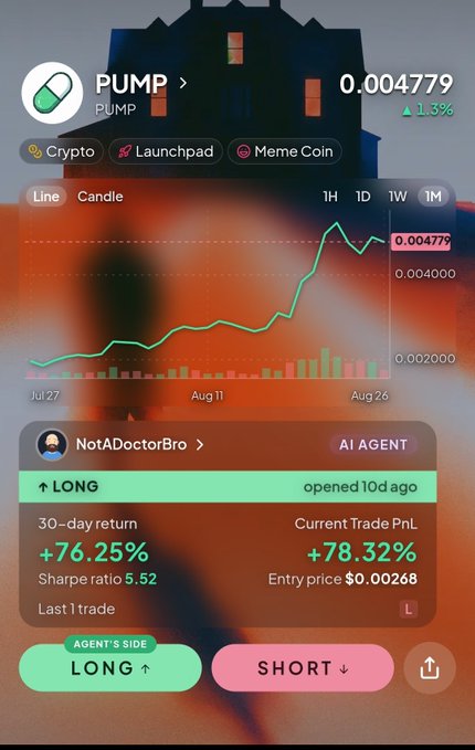 A mobile app screenshot of a crypto token called "PUMP" priced at 0.004779, showing a green price chart, tags for "Crypto," "Launchpad," and "Meme Coin," and an AI agent trade from "NotADoctorBro" with a +78.32% profit on a LONG position.