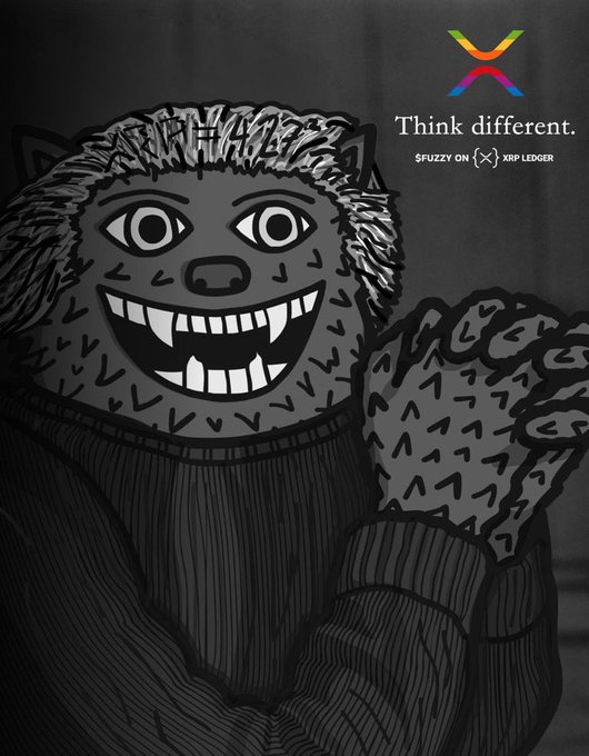 Promotional artwork featuring a stylized hedgehog drawing with the text 'Think different.' and '$FUZZY ON XRP LEDGER' displayed in the upper right corner.