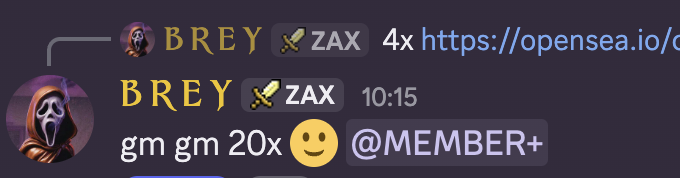 A Discord message shows "BREY" (with a Scream avatar) sending "gm gm 20x" followed by a smiley face and a "20x" message repeated four times, alongside a "ZAX" user with a sword emoji and a shared "https://opensea.io/" link. The caption connects the image's enthusiastic "gm gm 20x" greetings to the accompanying post's celebratory tone about "good morning with 20x today," reinforcing the bullish, hype-driven crypto/NFT trading sentiment.