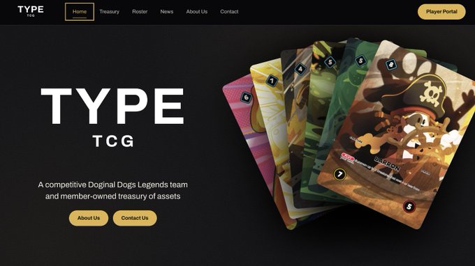 A website for TYPE TCG, described as 'A competitive Doginal Dogs Legends team and member-owned treasury of assets,' displaying a fan of collectible cards featuring a pirate character named 'Shyloon.'