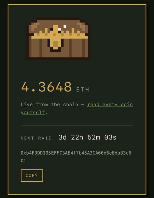 A dark-themed dashboard showing a treasure chest pixel art, a balance of '4.3648 ETH', the text 'Live from the chain — read every coin yourself.', a 'NEXT RAID' countdown of '3d 22h 52m 03s', and a wallet address '0xb4F3DD195EFF73AE4f7b45A3CA60d6eEda83c601' with a 'COPY' button.