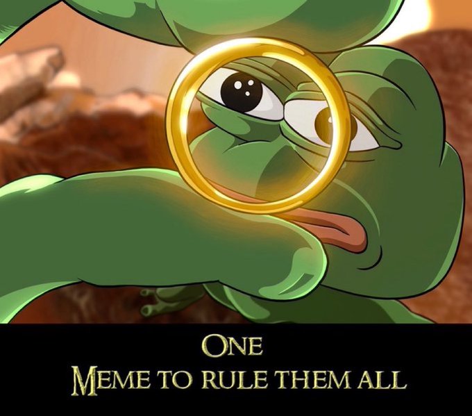 A Pepe the Frog meme parodying 'Lord of the Rings' with the text 'ONE MEME TO RULE THEM ALL' and a golden ring over the frog's eye.