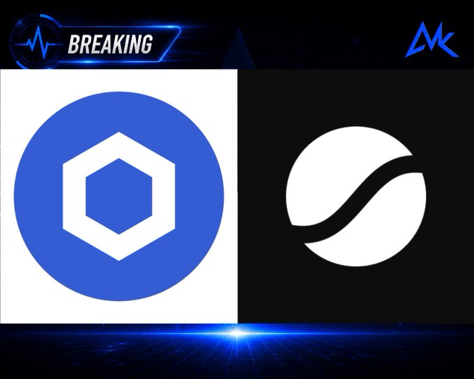 A 'BREAKING' news-style graphic displays the blue Chainlink (LINK) logo on the left and a white circular 'S' logo on a black background on the right, with an 'MK' logo in the upper right corner.