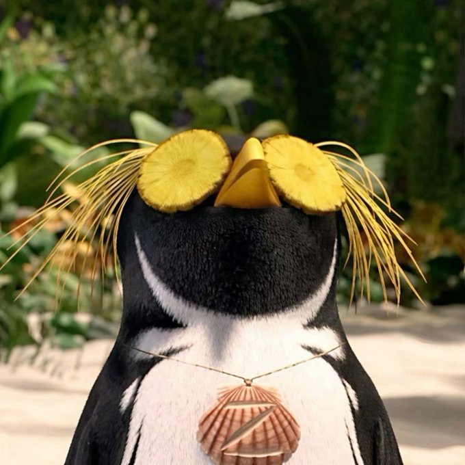 A whimsical image of a penguin wearing a necklace with a seashell pendant and having dried pineapple slices and grass-like feathers placed on its head.