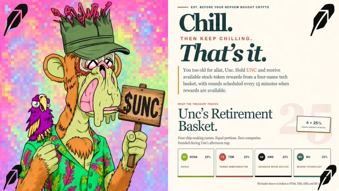 An advertisement featuring a cartoon bear-like character holding a '$UNC' sign, with text including 'Chill. THEN KEEP CHILLING. That's it.', 'Unc's Retirement Basket', and references to tickers NVDA, TSM, AMD, and MU.
