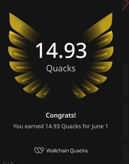 The image depicts a poster featuring an ornate logo of a bird's wing set against a black background, with gold accents and the number 14.93 displayed. It is accompanied by text that congratulates users for earning 14.93 Quacks. The content also mentions Mindshare and Wallchain Quacks. The poster highlights the importance of consistency in posting, as suggested by the statement about what @wallchain shares. This can be a valuable lesson when it comes to creating a successful online presence or engaging with a particular community on platforms like Mindshare.