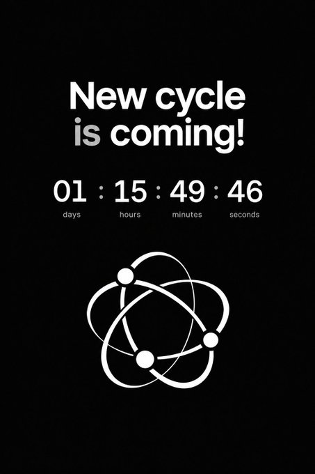 A black promotional graphic announcing 'New cycle is coming!' with a countdown timer showing 01 days, 15 hours, 49 minutes, and 46 seconds, featuring an atom-like molecular symbol.