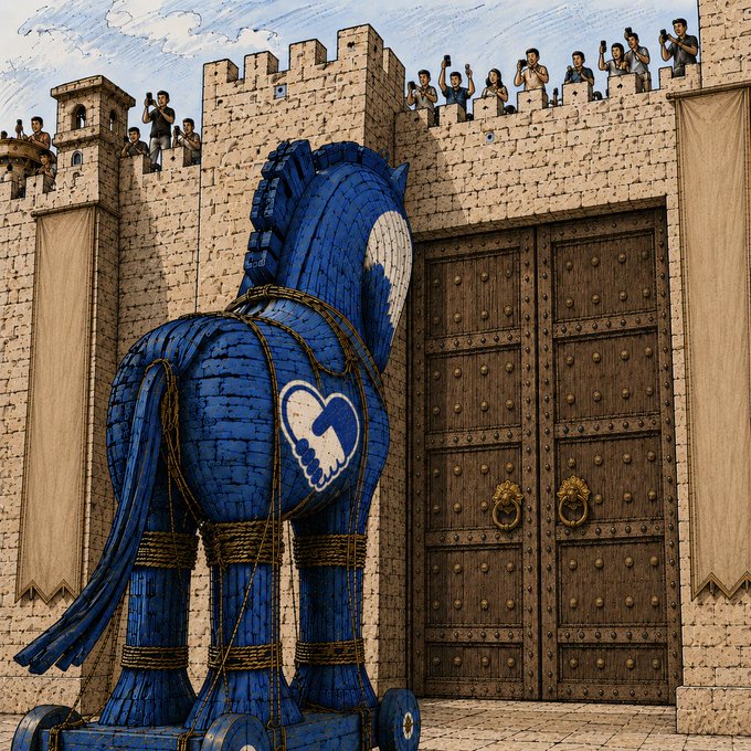 This illustration shows a Trojan Horse emblazoned with a handshake heart symbol at the gates of a castle, with people on the walls filming it with their phones. This visually represents the idea of a positive movement "infiltrating" and gaining traction through shared engagement and content.