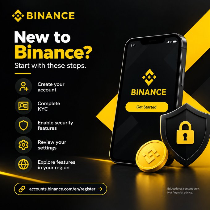 Binance promotional graphic titled "New to Binance?" with steps: Create your account, Complete KYC, Enable security features, Review your settings, Explore features in your region. Link: accounts.binance.com/en/register. Educational content only.
