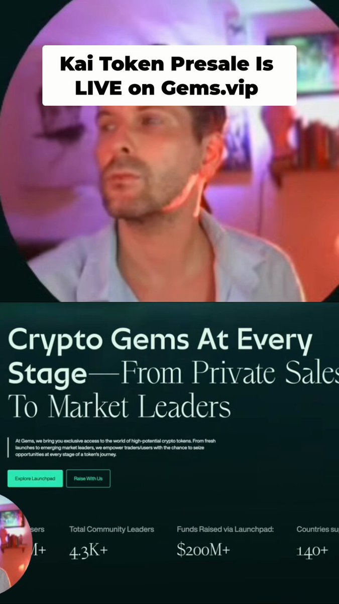 The image features a man wearing a white shirt who appears to be talking about cryptocurrency. The text above him reads "Kai Token is Live On Gems.vip", indicating that he is discussing the early stages of a crypto token sale, specifically focusing on the private sales aspect. The image also includes a website link for more information about the project and its leader, 600599.