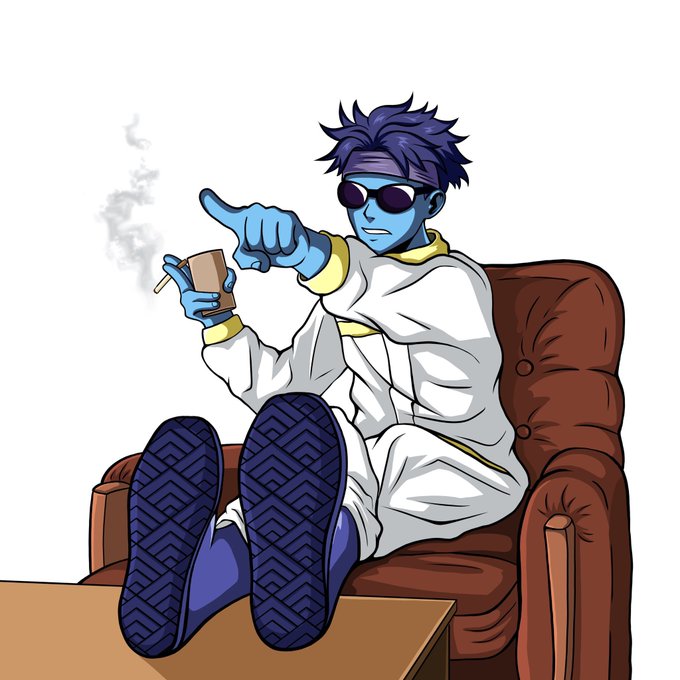 An anime-style illustration shows a blue-skinned character with purple hair and sunglasses sitting in a brown armchair, pointing while holding a smoking cigarette.