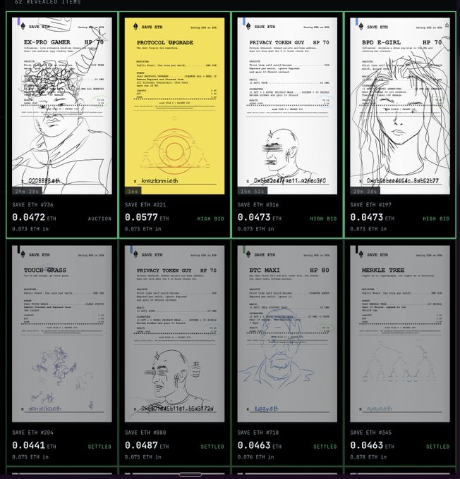 A digital gallery displays eight crypto art auction cards titled 'EX-PRO GAMER HP 70', 'PROTOCOL UPGRADE', 'PRIVACY TOKEN GUY HP 70', 'BPD E-GIRL HP 70', 'TOUCH-GRASS', 'PRIVACY TOKEN GUY HP 70', 'BTC MAXI HP 80', and 'MERKLE TREE', with prices in ETH and status labels like 'AUCTION', 'HIGH BID', and 'SETTLED'.
