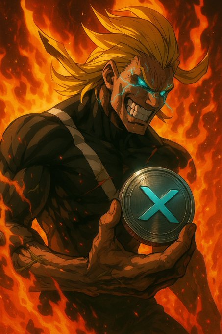 An anime-style illustration of a muscular blonde character with glowing blue eyes and a menacing grin, holding a coin with the X (XRP) logo, set against a fiery background.
