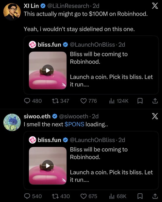 Two crypto commentators (@LiLinResearch and @siwoo.eth) hype $BLISS's upcoming Robinhood listing, with LiLin predicting "$100M" potential and siwoo teasing an imminent "$PONS" launch—both amplifying a project that the post critiques as AI-generated hype built on bought engagement.