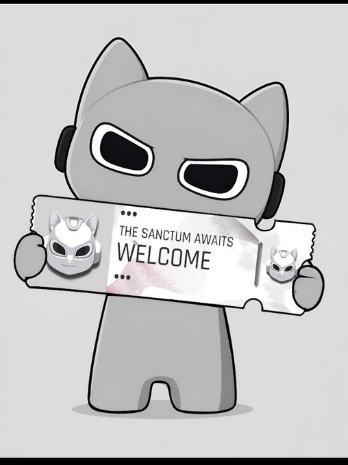 Cartoon illustration of a gray cat-like character holding a ticket that reads 'THE SANCTUM AWAITS WELCOME' with two smaller cat icons on either side.