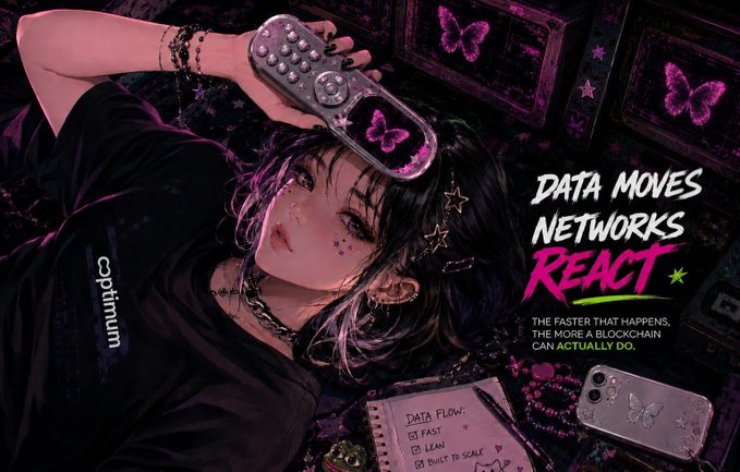 An anime-style promotional artwork featuring a girl holding a remote, with text 'DATA MOVES NETWORKS REACT' and 'THE FASTER THAT HAPPENS, THE MORE A BLOCKCHAIN CAN ACTUALLY DO.'