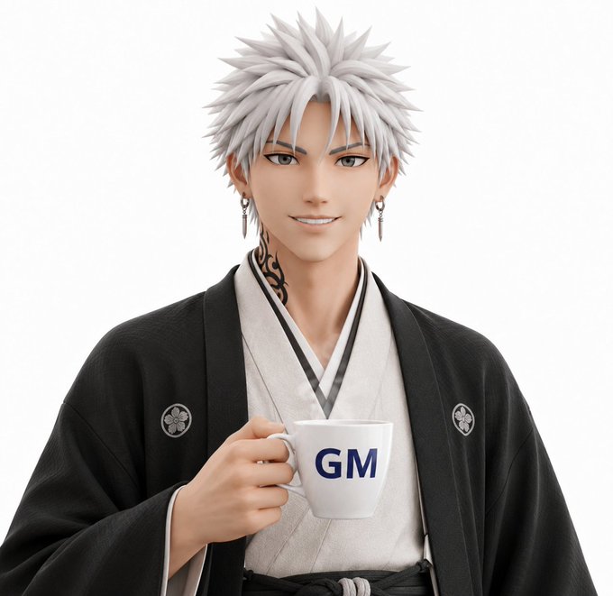 A 3D anime-style character with spiky silver hair and earrings, wearing a black kimono over a white inner robe, smiling while holding a white mug labeled 'GM'.