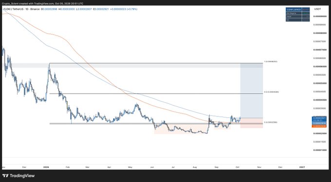 A TradingView chart of FLOKI/USDT on Binance displays the 1D timeframe (Oct 02, 2020–Oct 01, 2021) at approximately $0.00002583, showing two moving averages (H0.00005000 and L0.00003002) with horizontal support/resistance zones marked near $0.00003588, $0.00004960, and $0.00006500, visually confirming the post's bullish bottom structure analysis.