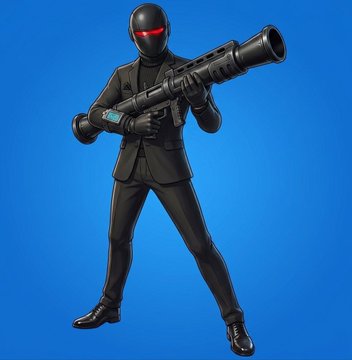 A 3D-rendered character in a black suit and helmet with red visor holds a large rocket launcher against a solid blue background.