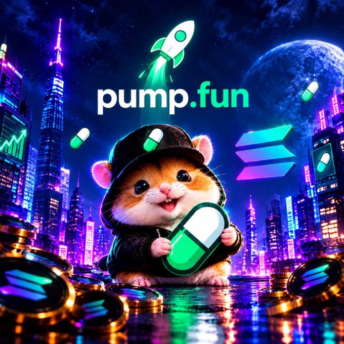 Vibrant digital artwork featuring a hamster in a black cap holding a green pill, set against a futuristic cyberpunk cityscape with 'pump.fun' branding and a Solana logo.
