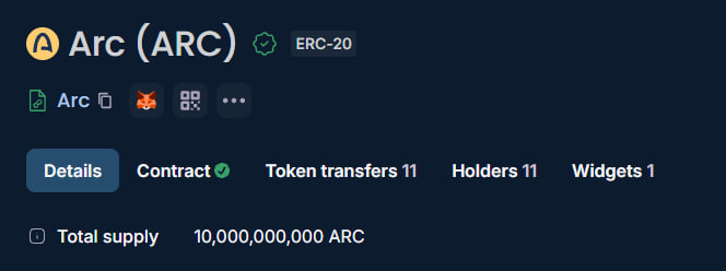 A cryptocurrency token page for 'Arc (ARC)' showing it as an ERC-20 token with a total supply of 10,000,000,000 ARC.
