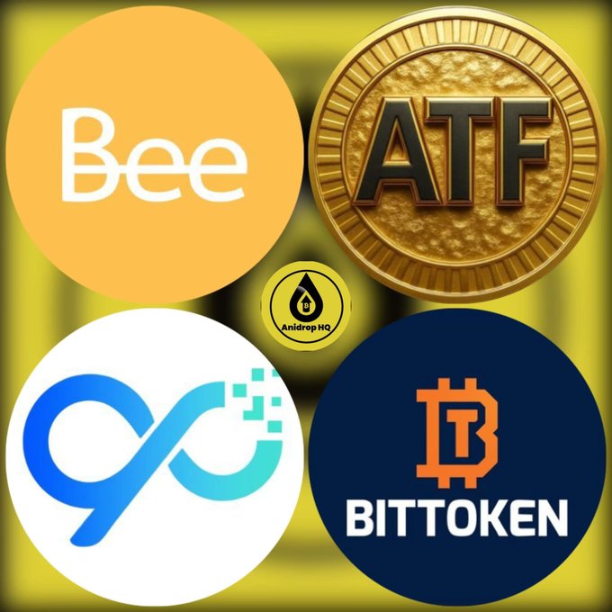 A graphic displaying logos for various cryptocurrency and airdrop projects including "Bee," "ATF," "AnIdrop HQ," an infinity symbol token, and "BITTOKEN" arranged around a central yellow background.