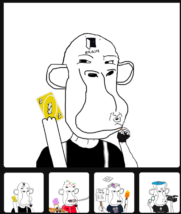 The image displays a wojak-style cartoon character holding yellow lightning bolt cards, with the word "BRAIN" marked on its forehead, accompanied by four smaller character thumbnails below showing various wojak designs. The "BRAIN" text and lightning bolt motifs connect to the Wojapes NFT collection mentioned in the post, referencing its Lightning Network "free mint" origins before achieving a ~$100 floor price on OpenSea.