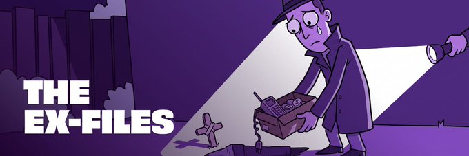 A cartoon illustration depicts a detective in a trench coat and hat shining a flashlight on a suitcase, with the text 'THE EX-FILES' displayed on the left against a purple background.