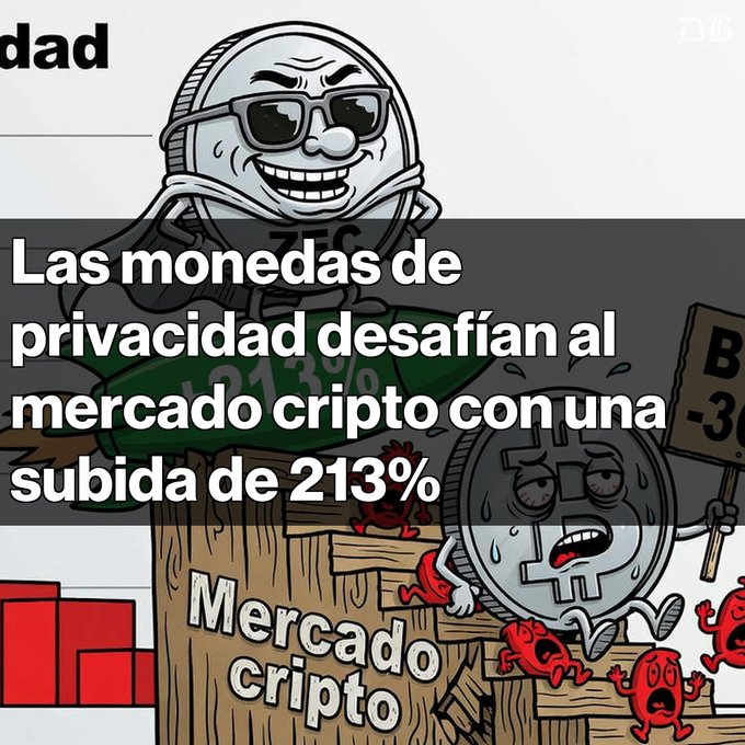 A meme-style illustration in Spanish featuring cartoon characters, with text reading 'Las monedas de privacidad desafían al mercado cripto con una subida de 213%' and 'Mercado cripto' visible on a sign.